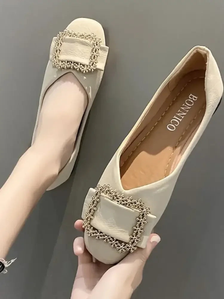 Square Toe Buckle Detail Loafers