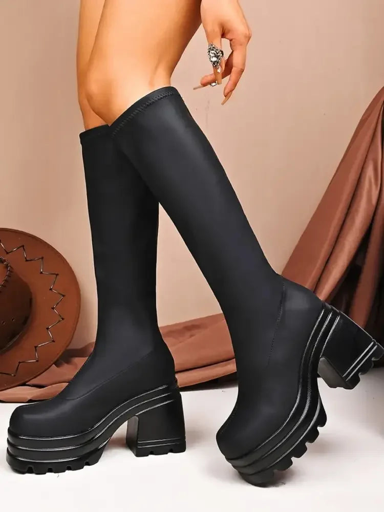 Square Toe Platform Block Heels Boots