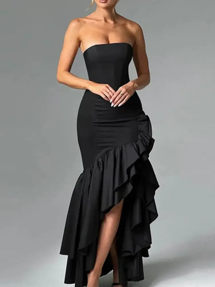 Strapless Ruffle High-Low Bodycon Dress