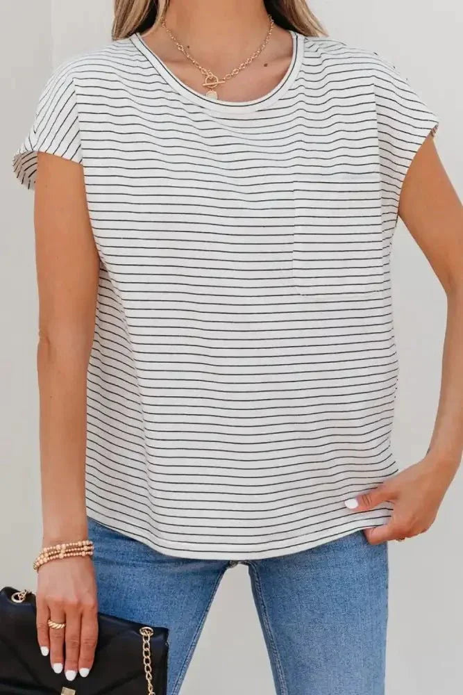 Stripe Cap Sleeve Crew Neck Casual Tee with Chest Pocket - Update AvenueT-ShirtsTrendsi100100250684613100100250684613299e3e09 - f4d5 - 45cc - 975e - 95d1ba93f804 - Max - OriginWhite
