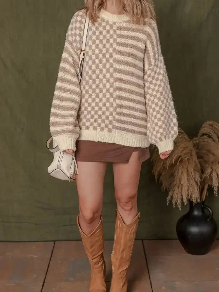 Stripe Checkerboard Drop Shoulder Balloon Sleeve Sweater - Update AvenueTrendsi100100014067879100100014067879f51910978af94a45a3dc53fd4a7e2ece - Max - OriginTan