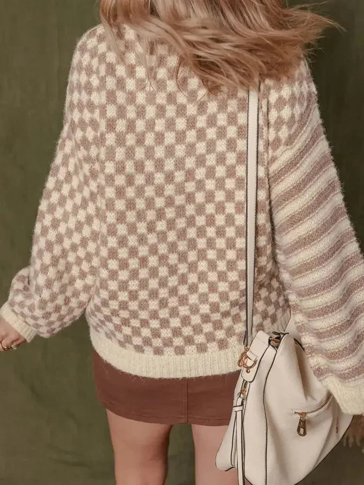 Stripe Checkerboard Drop Shoulder Balloon Sleeve Sweater - Update AvenueTrendsi1001000140678791001000140678798cd9b282c7b64bcc8f9525a592b52ff2 - Max - OriginTan