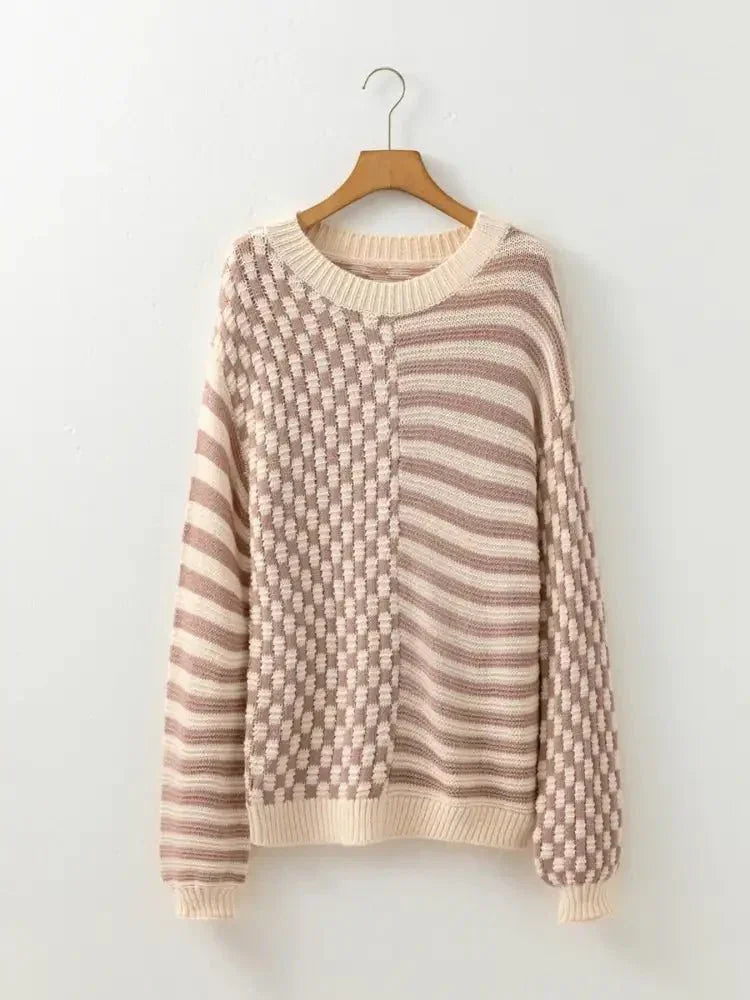Stripe Checkerboard Drop Shoulder Balloon Sleeve Sweater - Update AvenueTrendsi1001000140678791001000140678794e12bcc95f7e4564a9fd733019af1b0a - Max - OriginTan