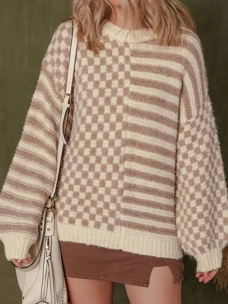 Stripe Checkerboard Drop Shoulder Balloon Sleeve Sweater - Update AvenueTrendsi100100014067879100100014067879edb52d627fed4807bb82c502917eebfb - Max - OriginTan