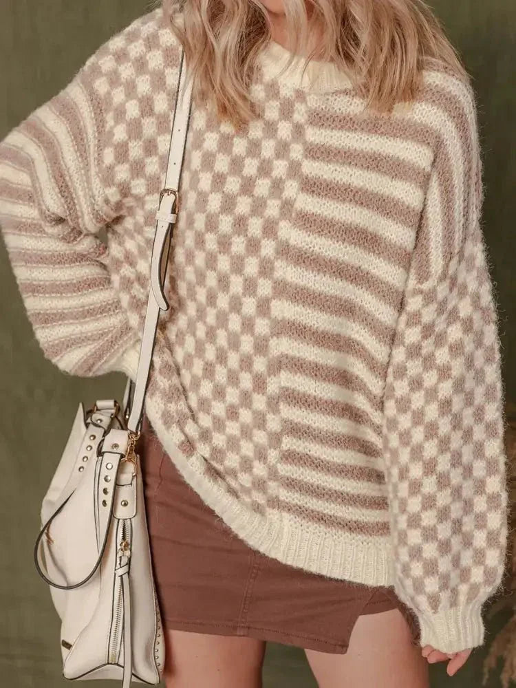 Stripe Checkerboard Drop Shoulder Balloon Sleeve Sweater - Update AvenueTrendsi1001000140678791001000140678798b6043b20cf344ffbec8c86c790a7e74 - Max - OriginTan