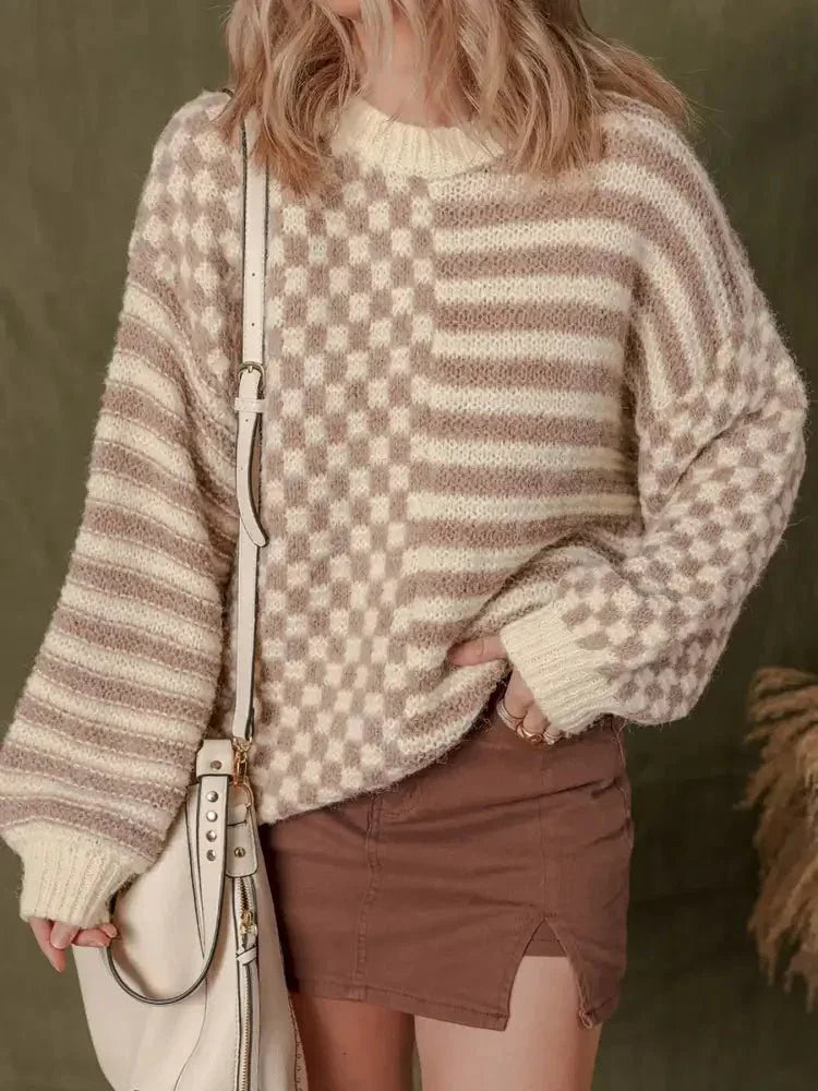 Stripe Checkerboard Drop Shoulder Balloon Sleeve Sweater - Update AvenueTrendsi100100014067879100100014067879dd3e34167a7b4936ab7b043391867e89 - Max - OriginTan