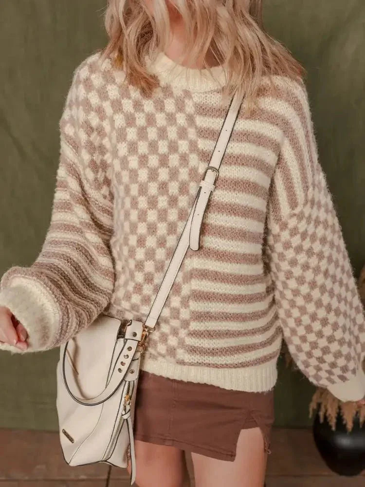 Stripe Checkerboard Drop Shoulder Balloon Sleeve Sweater - Update AvenueTrendsi100100014067879100100014067879d2082aa3b6cd4e408b4c815a6464870c - Max - OriginTan