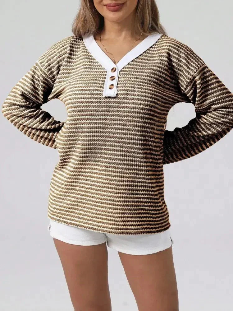 Striped Button Detail Long Sleeve Top - Update AvenueT-ShirtsTrendsi100100209371118100100209371118522318a5808a4bc3a8b9ed8b7380d491 - Max - OriginCoffee Brown