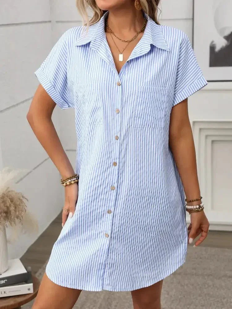 Striped Button Down Short Sleeve Mini Dress - Update AvenueEffortless Elegance: DressesTrendsi100100507851889100100507851889fb2579cd - 29d1 - 4feb - a328 - 99b3579c8dd5 - MaxLight Blue