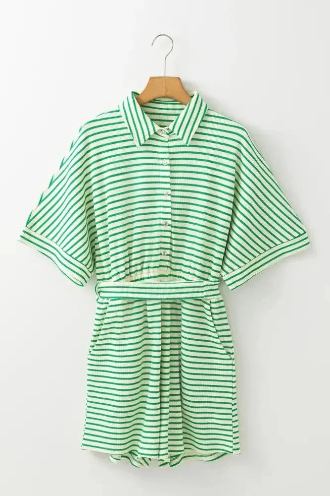 Striped Half Sleeve Tie Waist Romper - Update AvenueVacation StyleTrendsi1001000751583191001000751583198ae7baaf - edf6 - 41c4 - 9ae6 - 3c72f2ad4d19 - MaxGreen