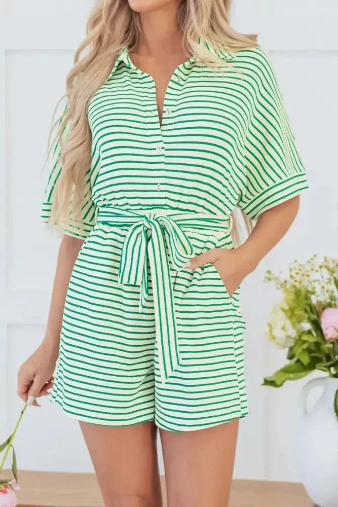 Striped Half Sleeve Tie Waist Romper - Update AvenueVacation StyleTrendsi100100075158319100100075158319436da3be - 618d - 4a1a - 8765 - 6cd80b184cf2 - MaxGreen