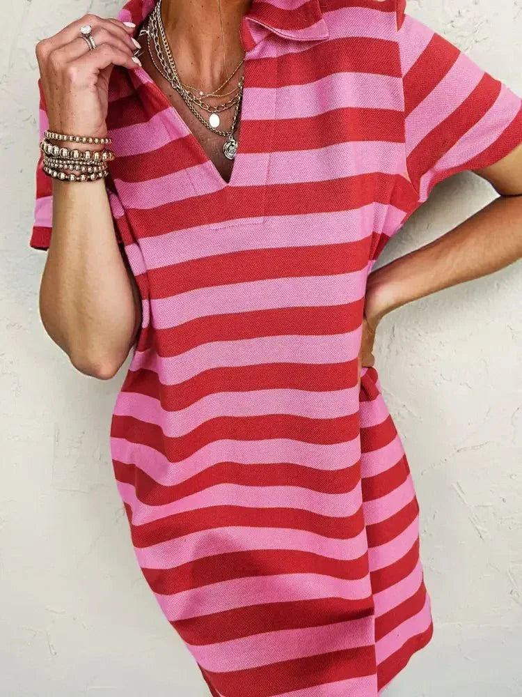 Striped Johnny Collar Short Sleeve Dress - Update AvenueDaily EssentialsTrendsi1001001233732811001001233732812cbe66ea83a945c197ad7e5f242a6f5c - Max - OriginRose Red