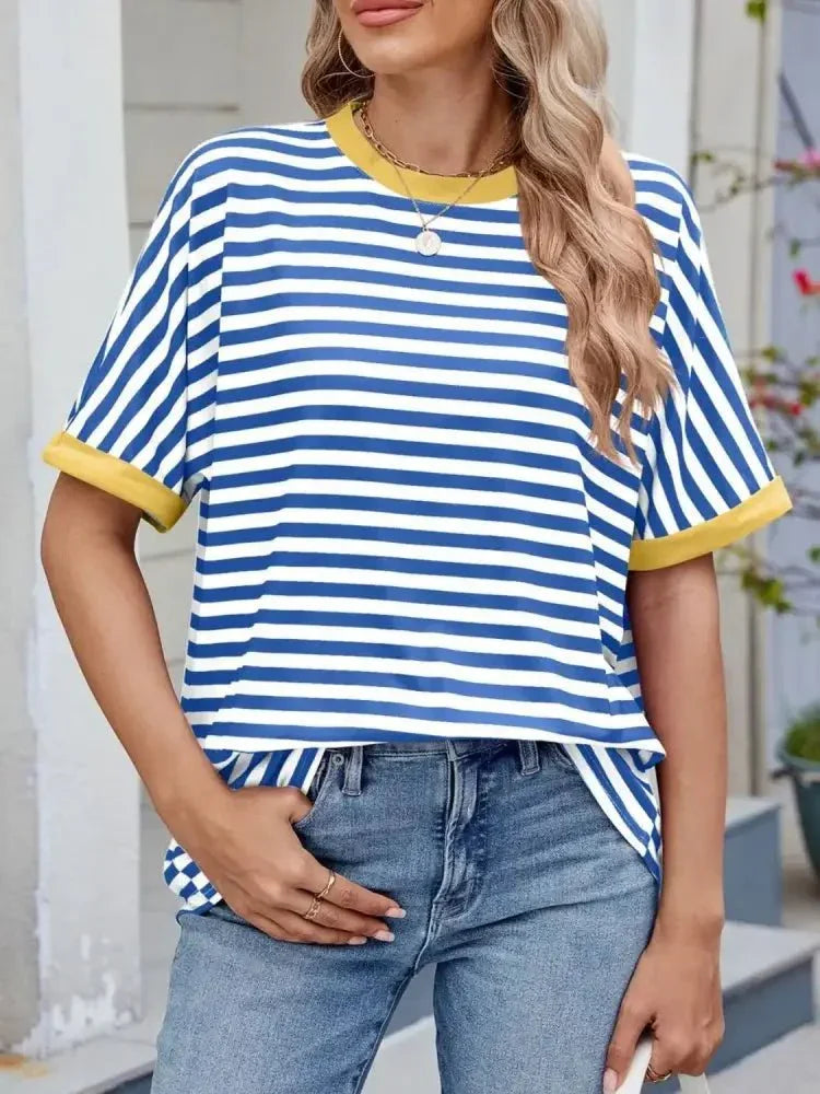 Striped Round Neck Half Sleeve T-Shirt - Update AvenueT-ShirtsTrendsi100100393081611100100393081611158e9eb8 - a054 - 4114 - 9bd3 - 0cf129e5316c - Max - OriginBlue White