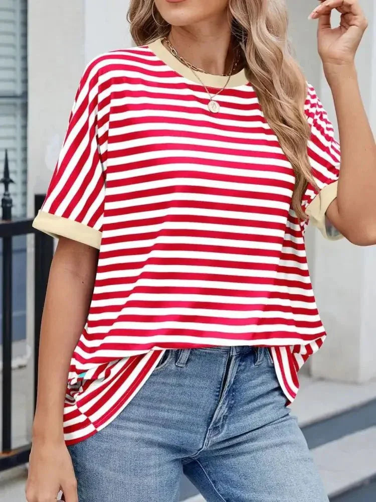 Striped Round Neck Half Sleeve T-Shirt - Update AvenueT-ShirtsTrendsi100100393081769100100393081769e8daa0f6 - 3150 - 4e0e - a979 - a44c62bf0c97 - Max - OriginRed White