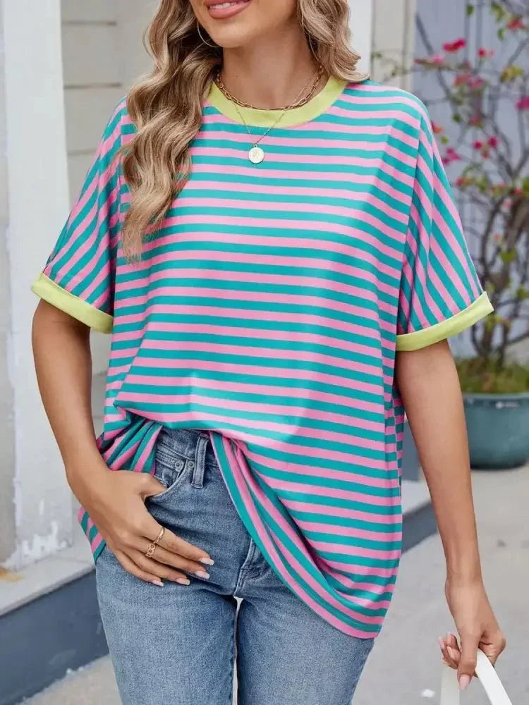 Striped Round Neck Half Sleeve T-Shirt - Update AvenueT-ShirtsTrendsi10010039308698110010039308698117d7ce85 - 29eb - 4e95 - 894c - 1569a1914211 - Max - OriginPink Blue