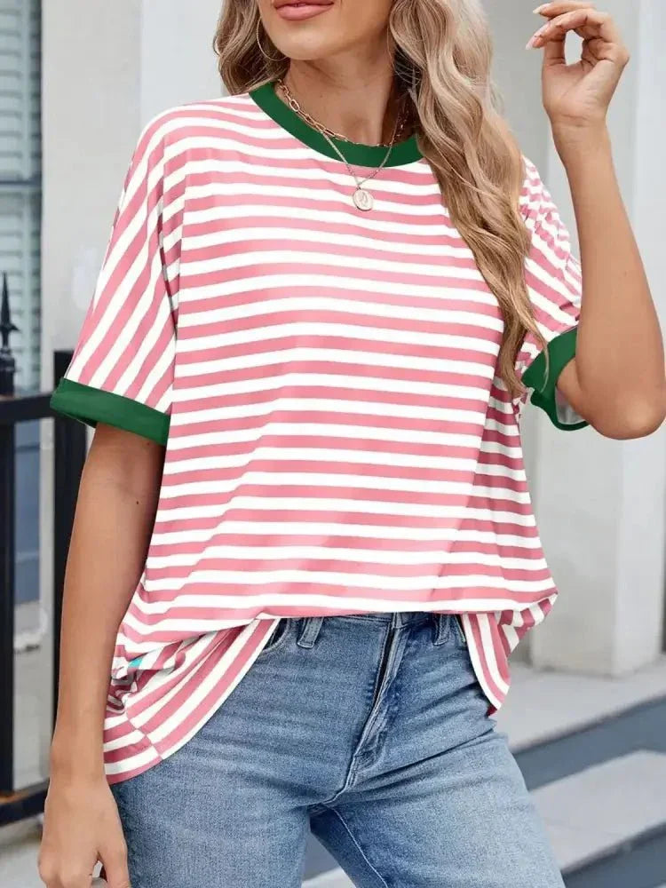 Striped Round Neck Half Sleeve T-Shirt - Update AvenueT-ShirtsTrendsi1001003930870661001003930870663491b32e - db93 - 4cca - a766 - 73ef65582cd0 - Max - OriginPink White