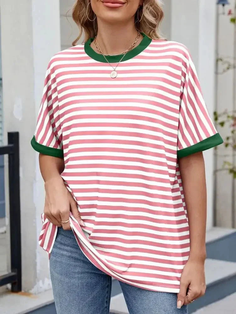 Striped Round Neck Half Sleeve T-Shirt - Update AvenueT-ShirtsTrendsi100100393087066100100393087066214e5683 - 0d58 - 45f0 - 9e2a - 7f815f057c58 - Max - OriginPink White
