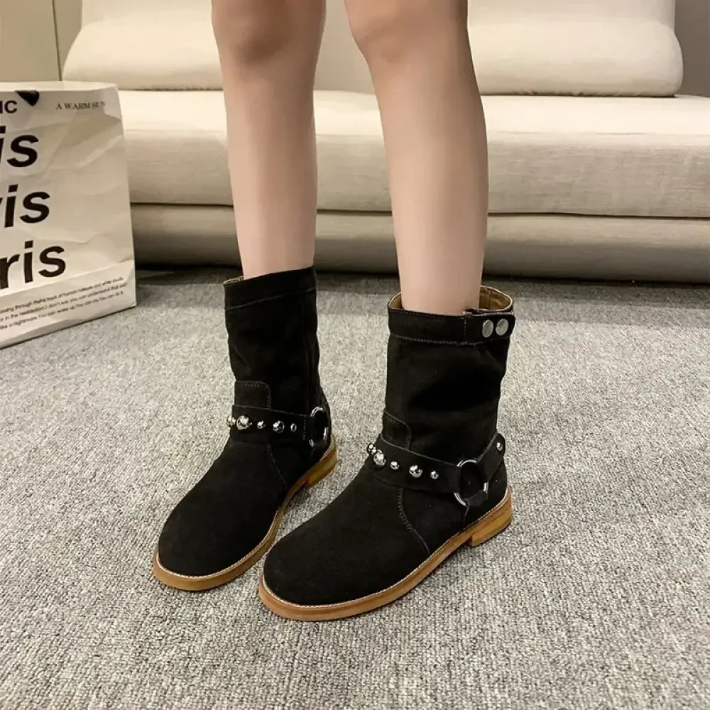 Studded Suede Mid-Calf Harness Boots
