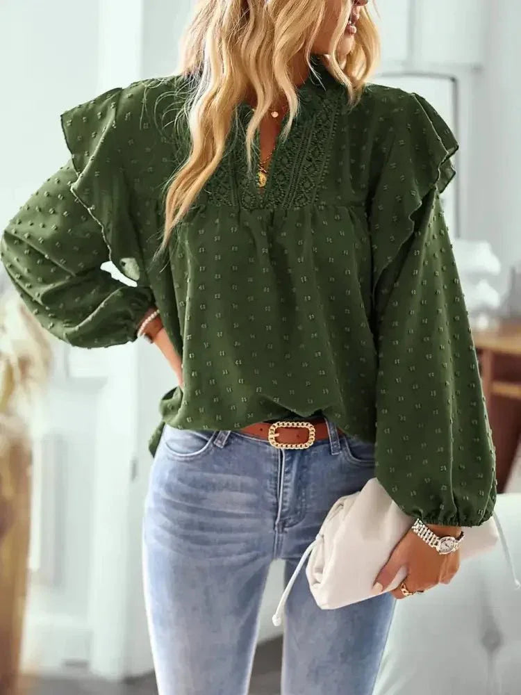 Swiss Dot Ruffled Long Sleeve Blouse - Update AvenueT-ShirtsTrendsi100101415701281100101415701281be434d28 - 4550 - 4ab5 - b213 - d89065a427d6 - MaxArmy Green