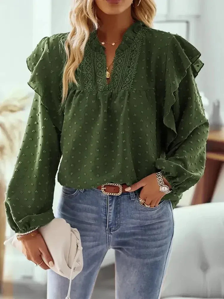 Swiss Dot Ruffled Long Sleeve Blouse - Update AvenueT-ShirtsTrendsi1001014157012811001014157012815ca599c8 - c688 - 43ef - 95e2 - ffe5223b8d29 - MaxArmy Green