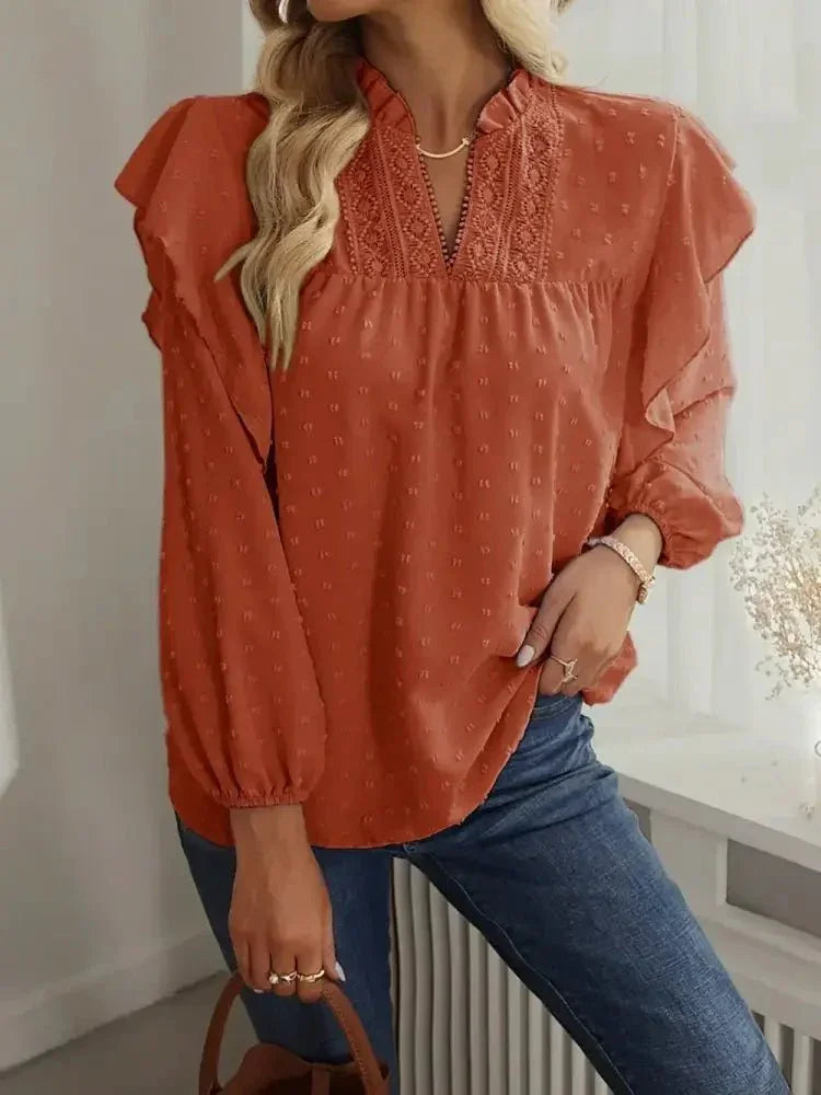 Swiss Dot Ruffled Long Sleeve Blouse - Update AvenueT-ShirtsTrendsi100101415701383100101415701383832fb553 - 1762 - 4cce - 9aa9 - 8854aa71f3e3 - MaxOrange - Red