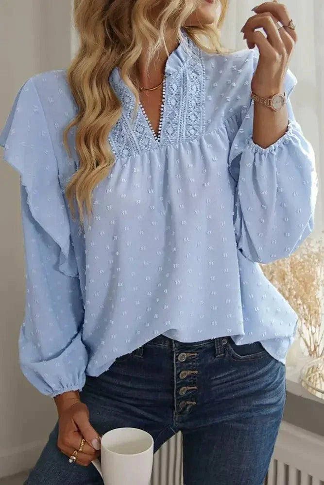 Swiss Dot Ruffled Long Sleeve Blouse - Update AvenueT-ShirtsTrendsi1001014157019851001014157019853cfaa939cf104fd794d085386eedd552 - MaxLight Blue