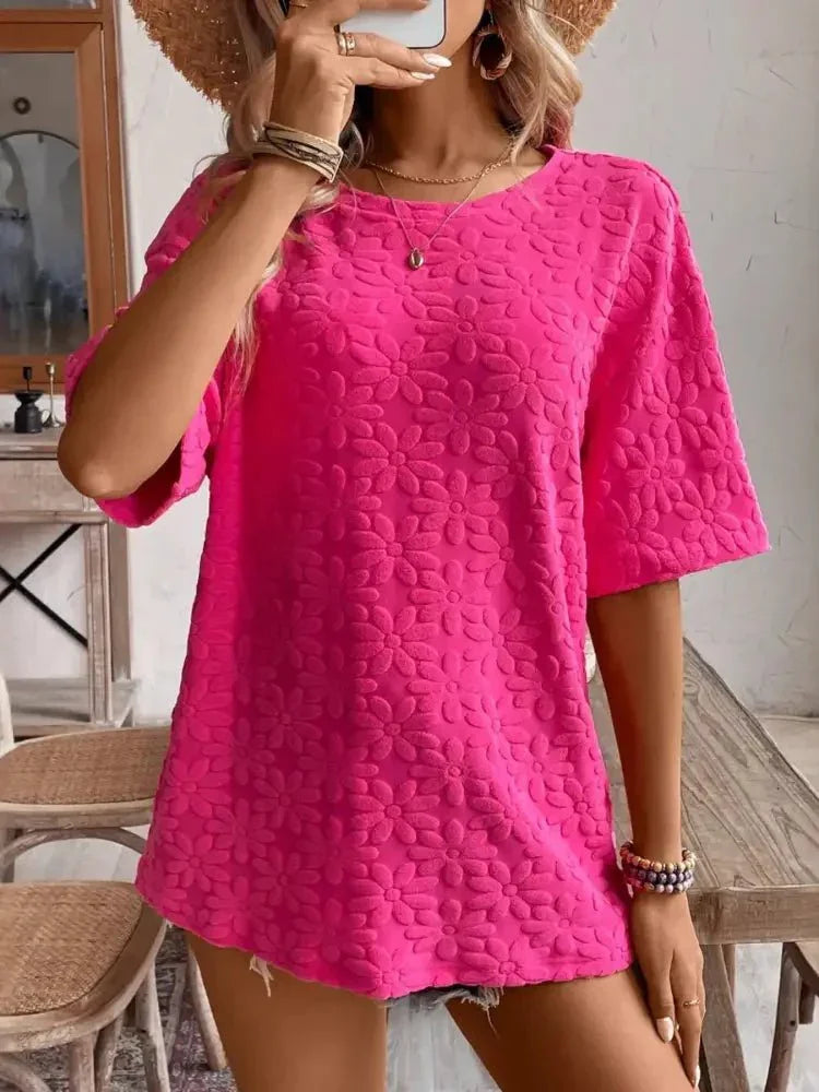 Textured Round Neck Oversized T-Shirt - Update AvenueT-ShirtsTrendsi10010097910511910010097910511945294266c6ab4799b8d14f41e09b502b - Max - OriginFuchsia Pink