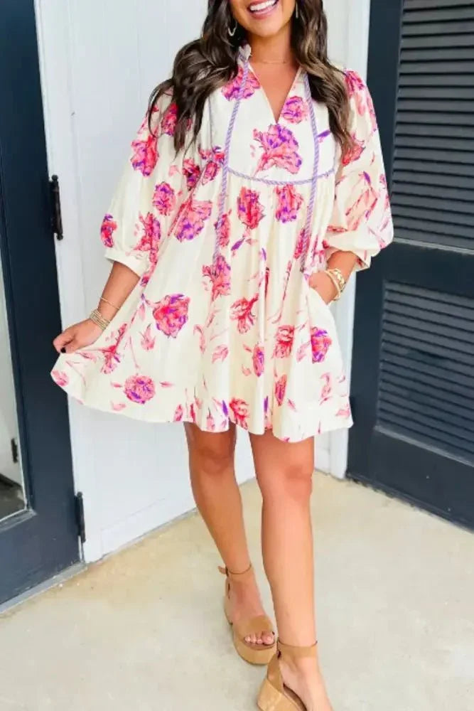 Tied Flower Printed Three - Quarter Sleeve Dress - Update AvenueVacation StyleTrendsi100100442111724100100442111724621cc9f5 - ba67 - 4518 - 86e9 - de252dd7139b - MaxPink