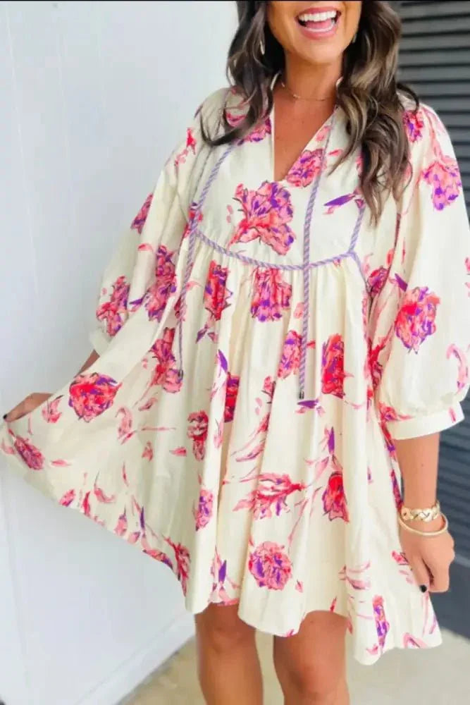 Tied Flower Printed Three - Quarter Sleeve Dress - Update AvenueVacation StyleTrendsi1001004421117241001004421117243251fec4 - 5e17 - 494c - 939f - 5f6330e42b8d - MaxPink