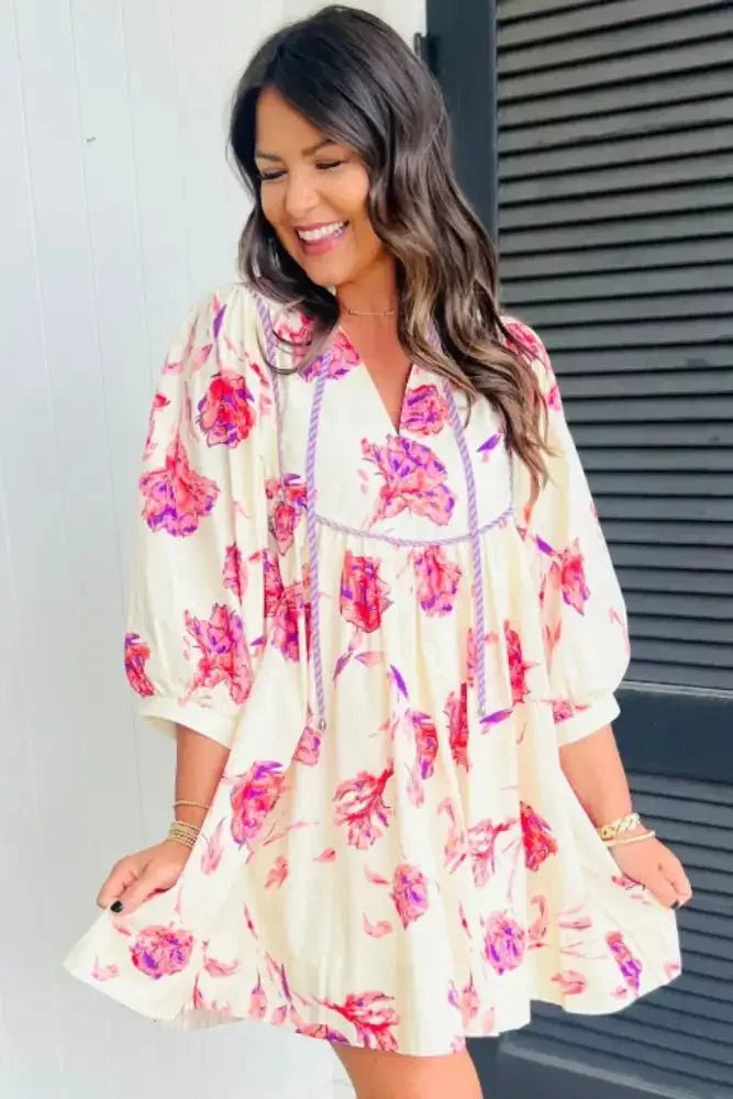 Tied Flower Printed Three - Quarter Sleeve Dress - Update AvenueVacation StyleTrendsi10010044211172410010044211172493e246ed - dac7 - 48c5 - b1e0 - 24c08eb337d4 - MaxPink