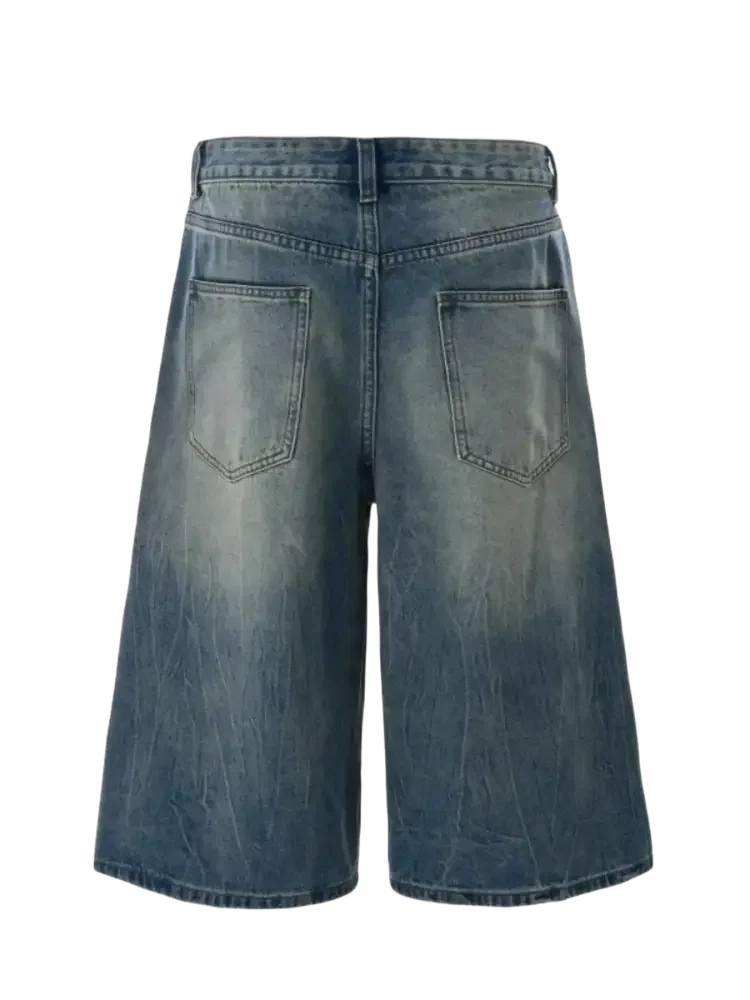 Trendsi back view men's relaxed fit denim shorts in faded blue with wide leg and patch pockets