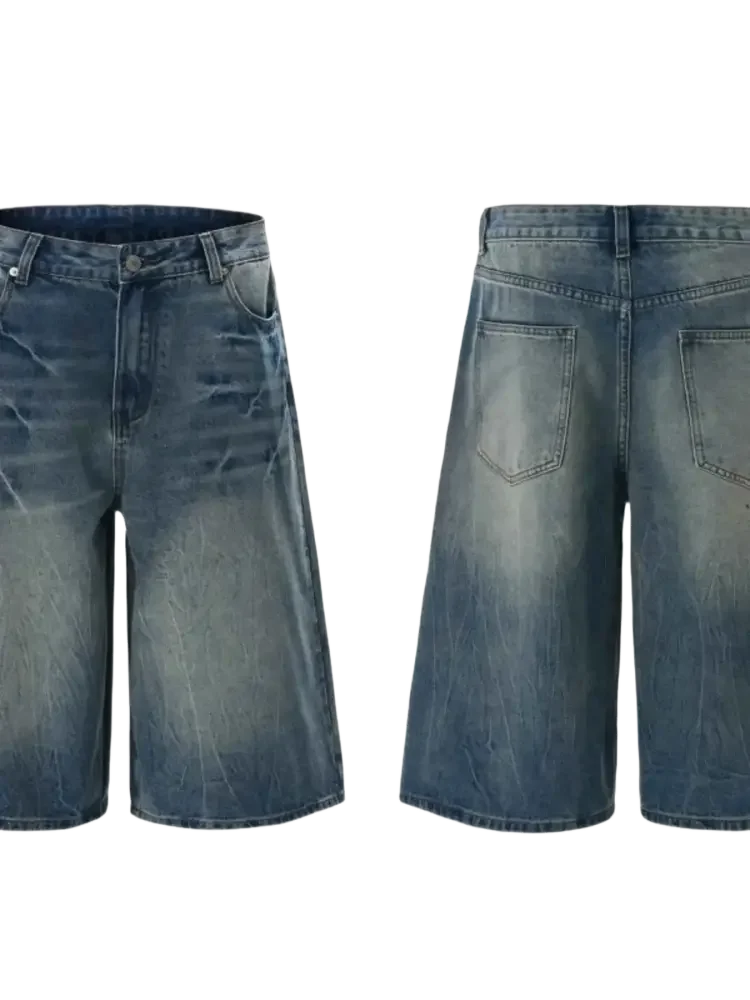Trendsi men's relaxed fit denim shorts knee length faded blue washed denim front and back view