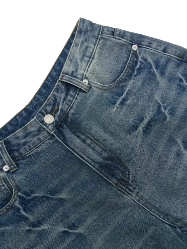Trendsi men's relaxed fit denim shorts blue faded wash front view with button waist pockets and whiskering