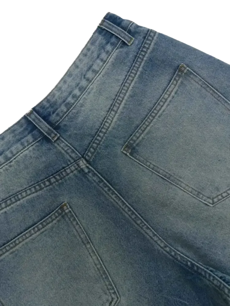Trendsi men's relaxed fit denim shorts back view showing faded blue denim belt loops and patch pockets