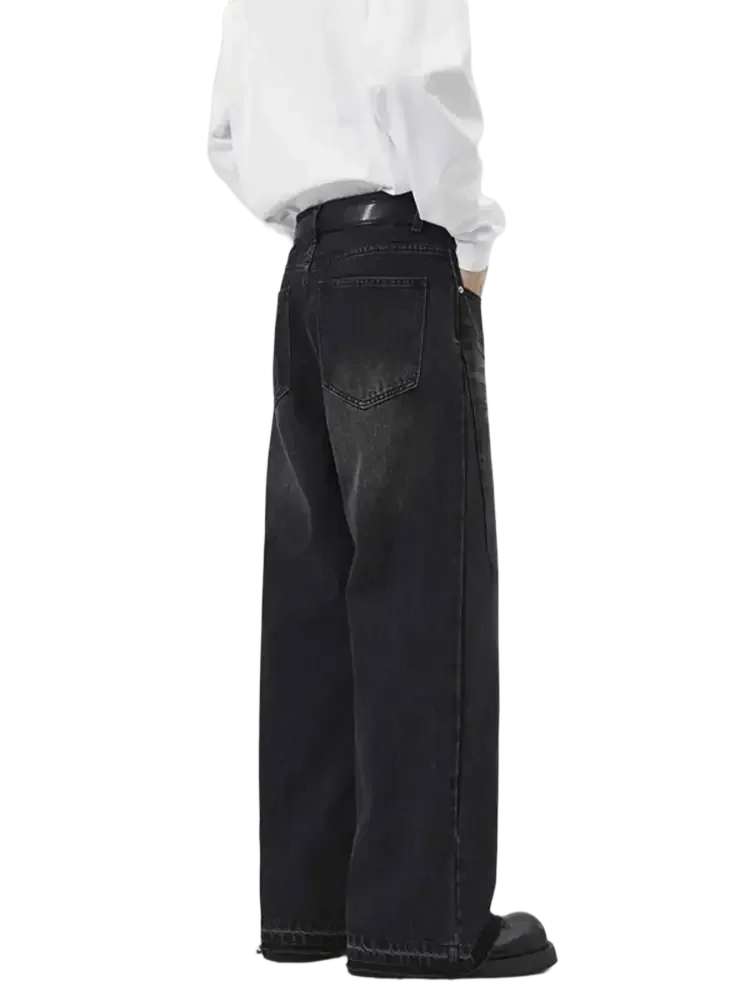 Loose-fit washed black wide leg jeans for men, plus size trendy leg jeans