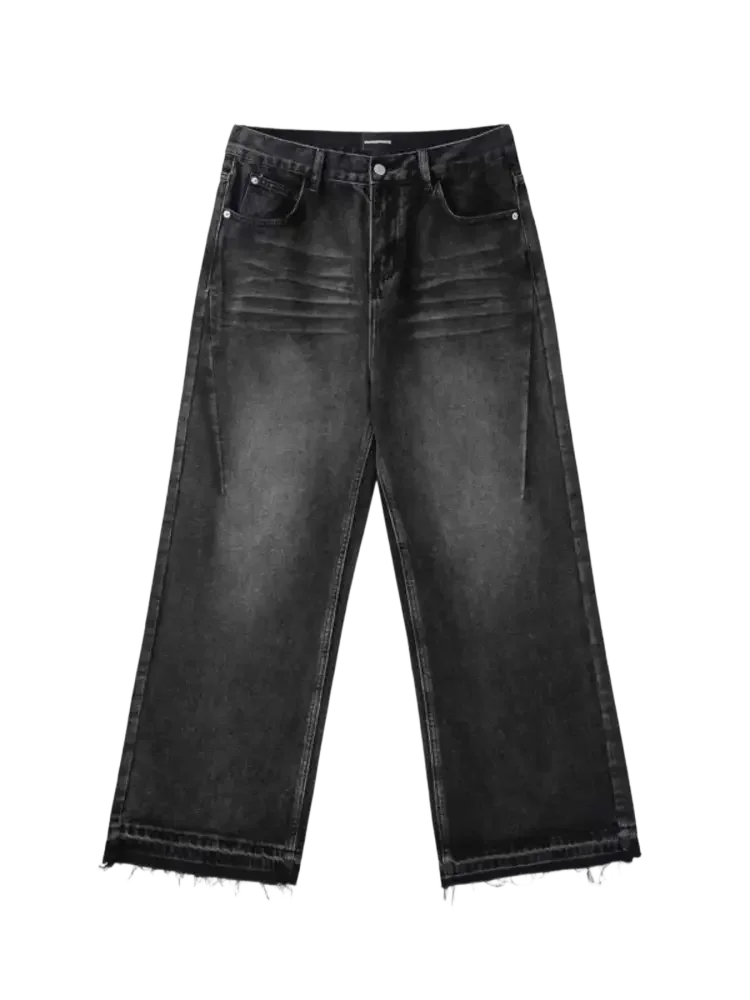 Distressed dark wash wide leg jeans with raw hems from Trendsi men’s wide leg jeans collection