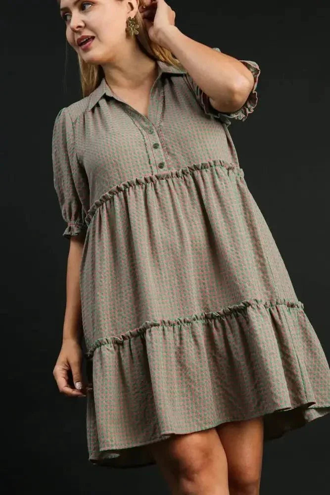 Umgee Full Size Plaid Frill Button Detail Ruffled Short Sleeve Dress Plus Size - Update AvenueTrendsi100100755511021100100755511021bb5771f8 - e9c1 - 4fbb - 84f5 - a3a0ccbe1967 - MaxGREEN/PINK