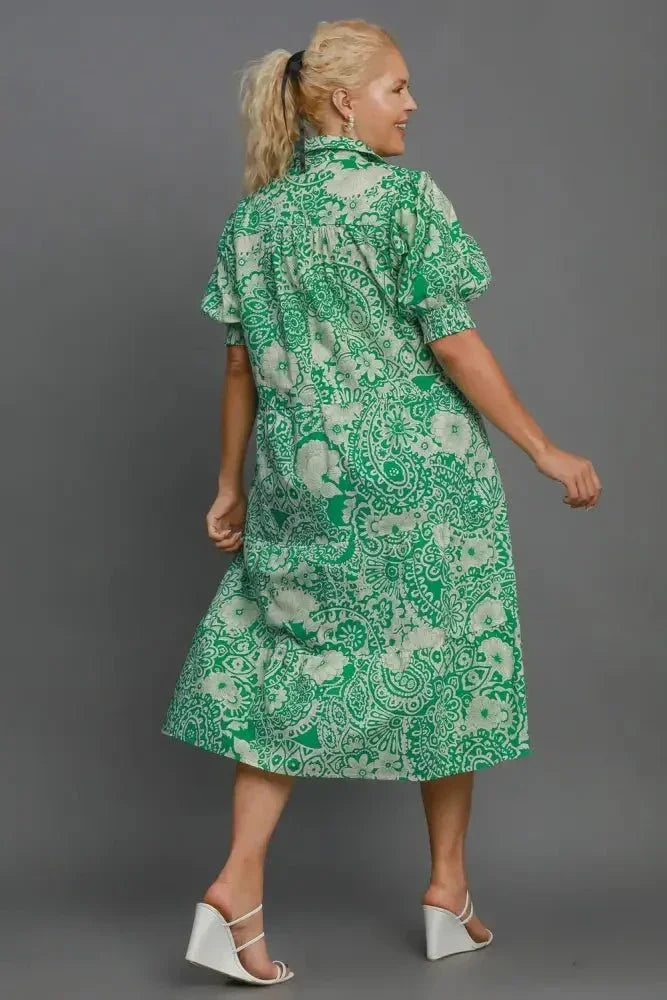 Umgee Full Size Printed Smocked Cuff Puff Sleeve Midi Dress Plus Size - Update AvenueVacation StyleTrendsi1001006201711471001006201711471e304ab3 - a282 - 45e9 - ab8f - 095d10305058 - MaxGreen