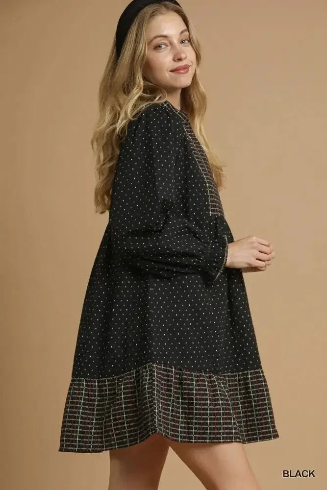Umgee Polka Dot Plaid Trim Babydoll Dress - Update AvenueCasual DressesTrendsi100100599471633100100599471633Umgee Polka Dot Plaid Trim Babydoll DressBlack