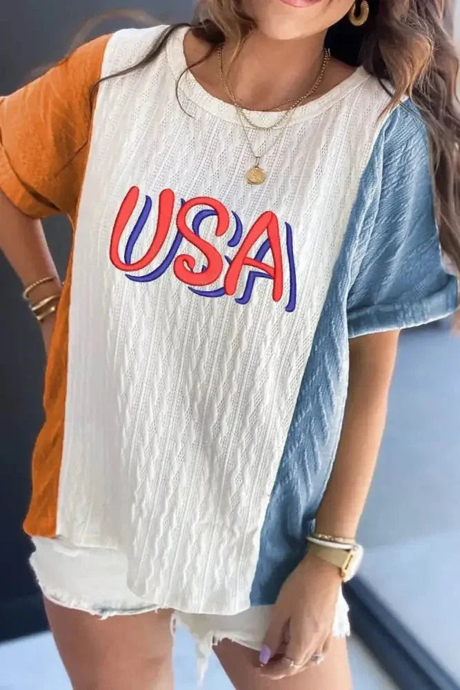 USA Embroidered Cable Textured Knit Cuffed Sleeve Color Block Tee - Update AvenueT-ShirtsTrendsi100100617299260100100617299260cfc0141b - 689f - 4bf8 - af54 - 30b4c43dc3e3 - Max - OriginWhite