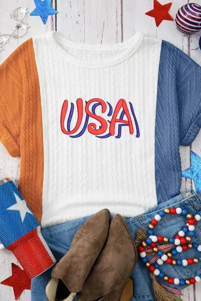 USA Embroidered Cable Textured Knit Cuffed Sleeve Color Block Tee - Update AvenueT-ShirtsTrendsi100100617299260100100617299260d1d3f716 - d6dc - 493a - baad - d6d30bfe04eb - Max - OriginWhite
