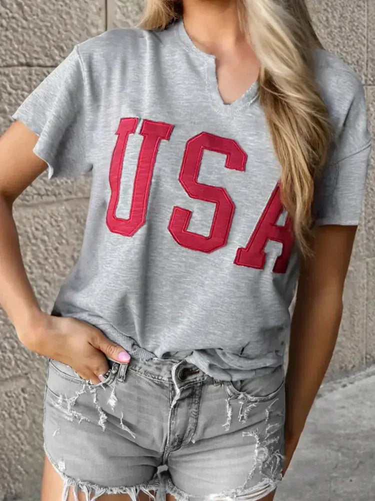 USA Lettering Patch Notched Neck T-Shirt - Update AvenueT-ShirtsTrendsi10010077429162610010077429162669e66ce50fc347e98887847224b52fa4 - Max - OriginGray