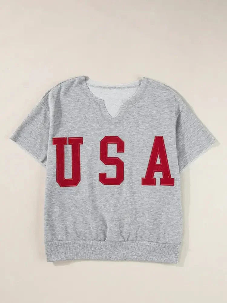 USA Lettering Patch Notched Neck T-Shirt - Update AvenueT-ShirtsTrendsi100100774291626100100774291626a340540f492044fc9087d64b0589cd86 - Max - OriginGray