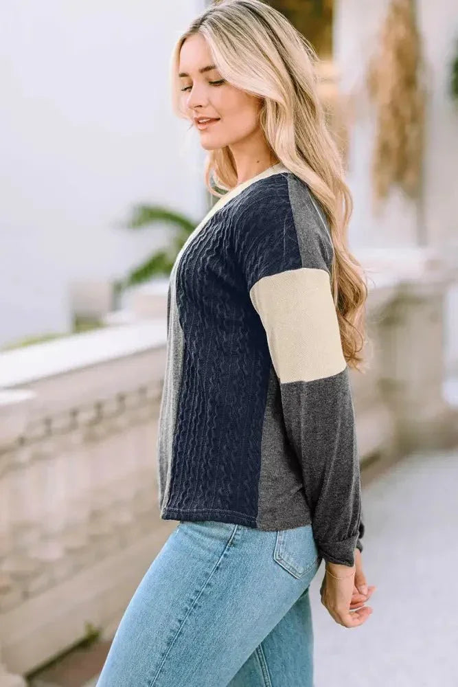 V Neck Color Block Top - Update AvenueTrendsi100101974050623100101974050623e54649ab3d15455796705bedae3dfb0d - MaxDark Gray