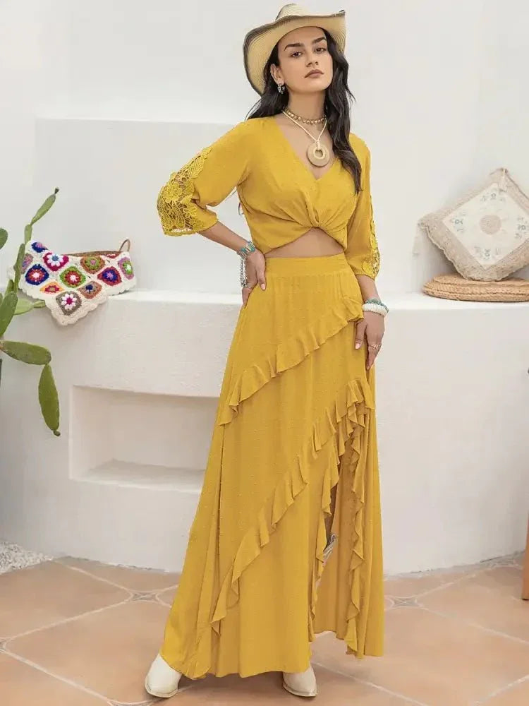 V - Neck Lace Three - Quarter Sleeve Top - Update AvenueT-ShirtsTrendsi10010048249102310010048249102302ad3373 - 743e - 4efa - 985f - 1bdd1d822a59 - Max - OriginMustard