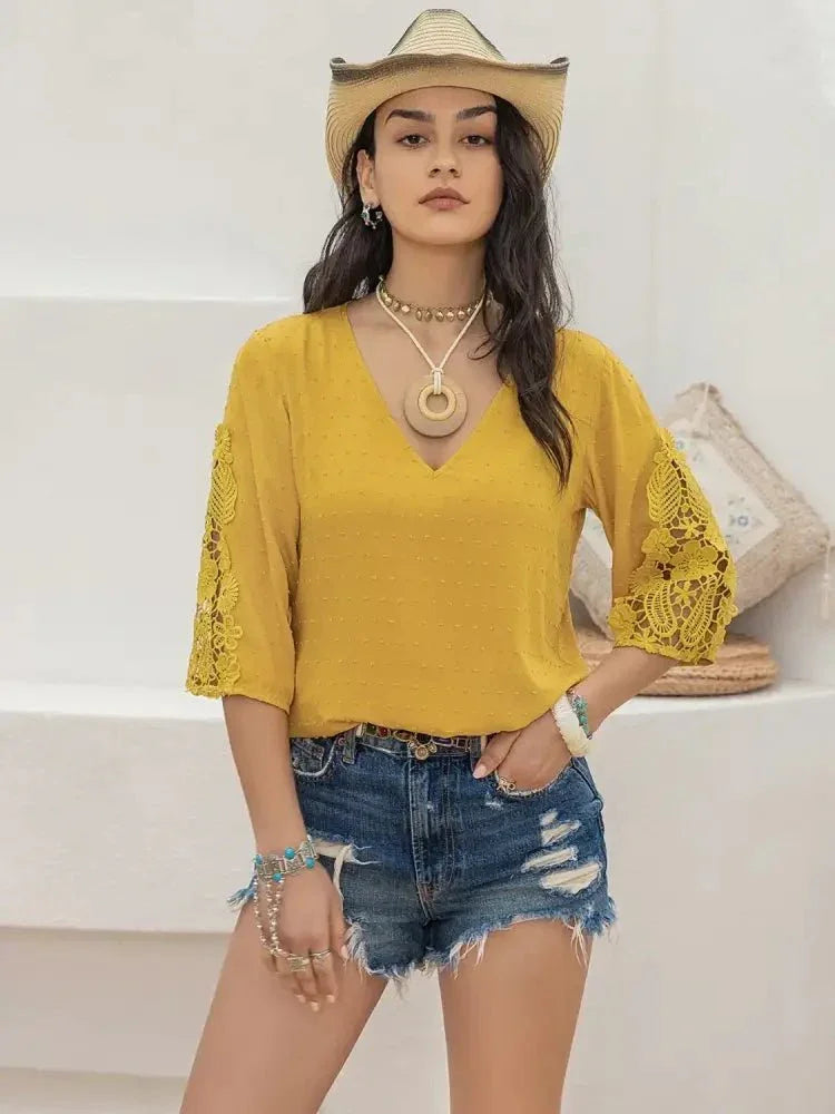 V - Neck Lace Three - Quarter Sleeve Top - Update AvenueT-ShirtsTrendsi1001004824910231001004824910236abcfbc6 - c505 - 415a - 99ce - be27f089a6fb - Max - OriginMustard