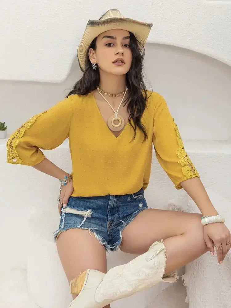 V - Neck Lace Three - Quarter Sleeve Top - Update AvenueT-ShirtsTrendsi10010048249102310010048249102335b6f212 - b69c - 4a69 - 934e - 267177655eb6 - Max - OriginMustard