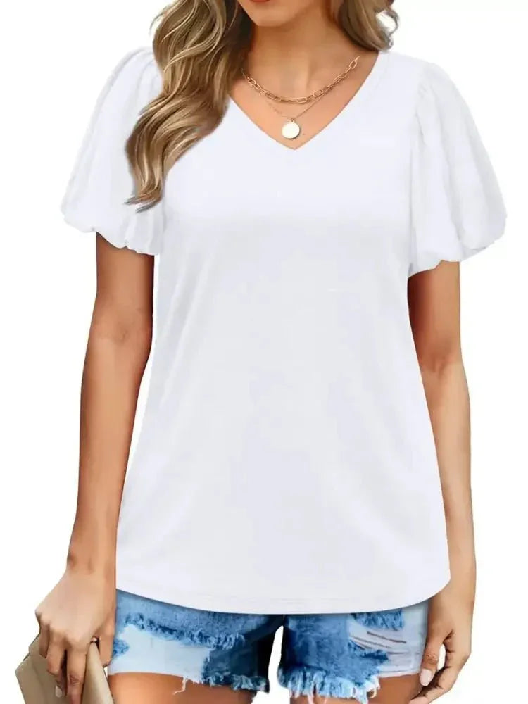 V - Neck Puff Sleeve Casual T-Shirt - Update AvenueT-ShirtsTrendsi10010082092215310010082092215315c7746d877f483fbc0acb3b7a64ed1b - Max - OriginWhite