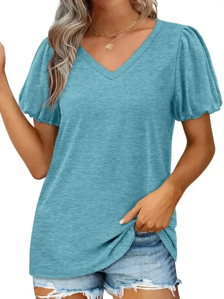V - Neck Puff Sleeve Casual T-Shirt - Update AvenueT-ShirtsTrendsi100100820924687100100820924687ca8e4d29006d485bb1394fa49c3c6a66 - Max - OriginLake Blue