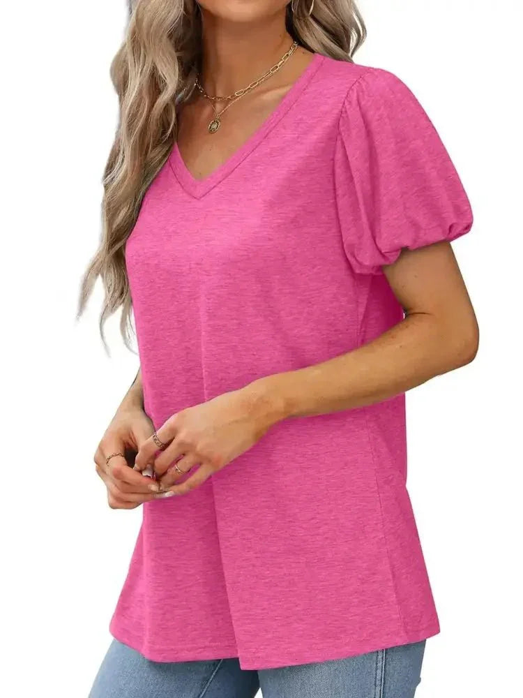 V - Neck Puff Sleeve Casual T-Shirt - Update AvenueT-ShirtsTrendsi100100820924825100100820924825c1446bef55fc4fd18642d95a0af473bc - Max - OriginRose Red